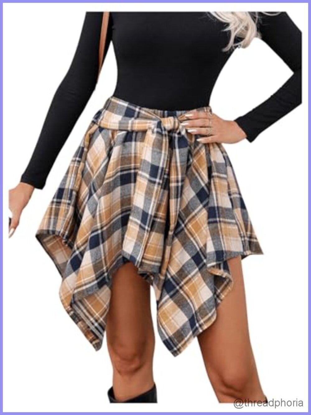 Plaid Asymmetrical Hem Ruffle Knot Short Skirt High Rise